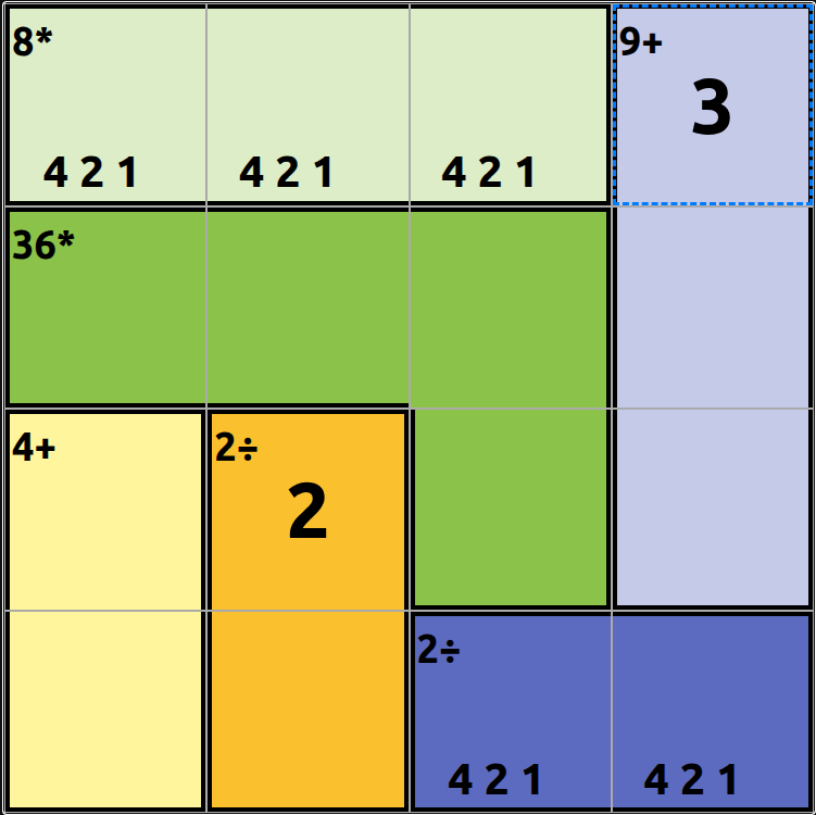 Calcudoku grid with cages and targets highlighted